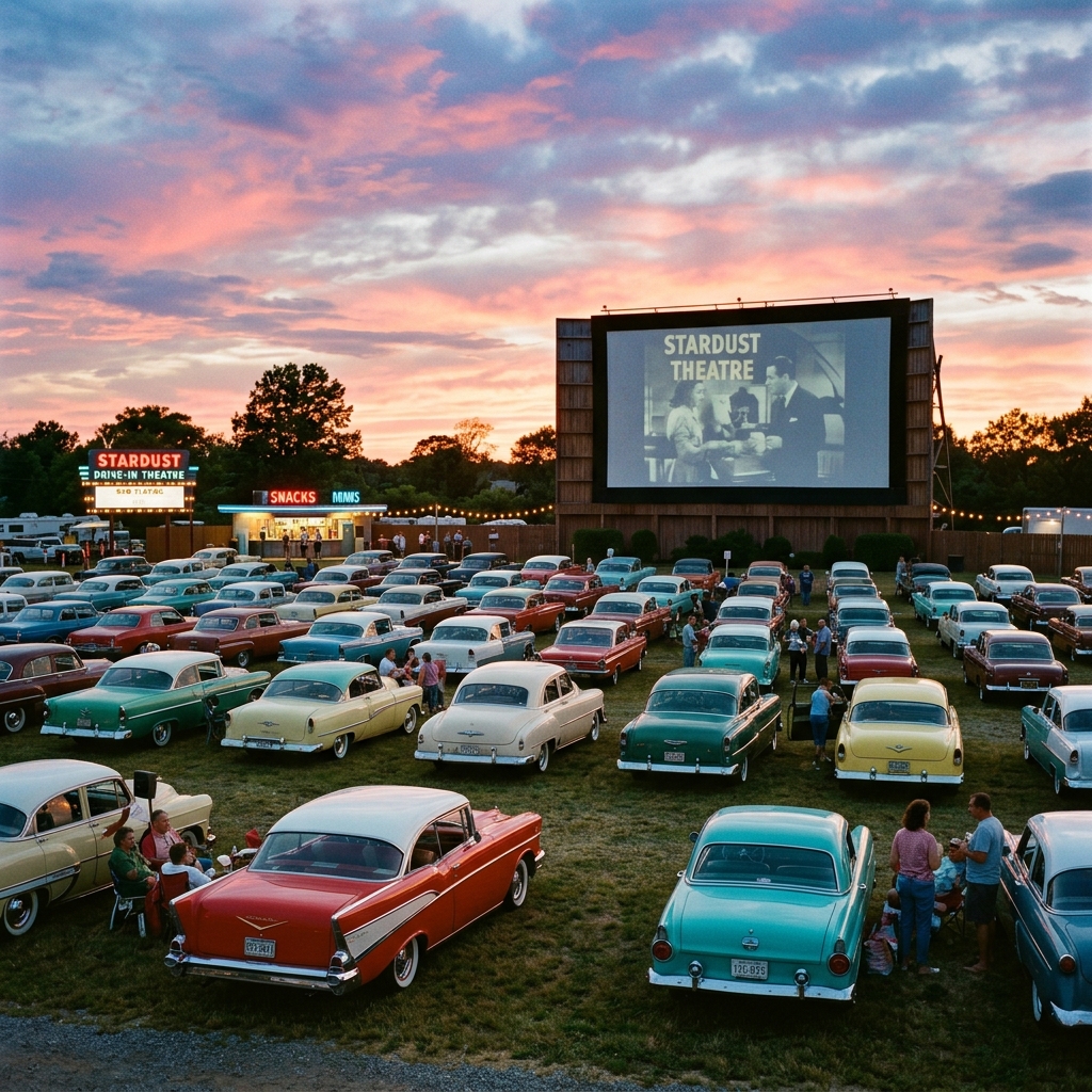 Retro cars parked at drive-in theater at sunset